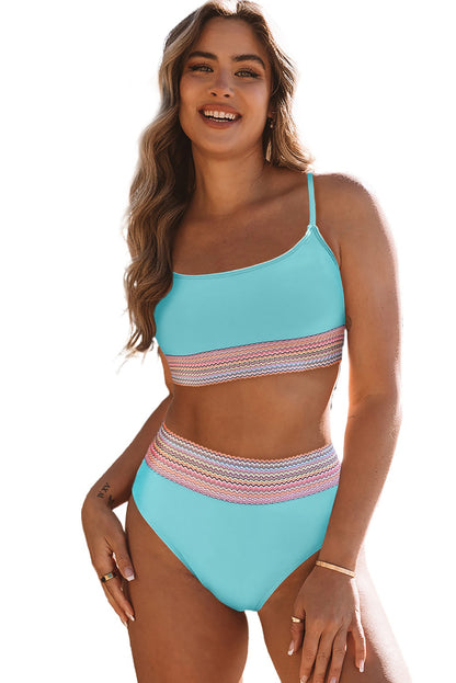 Striped Patchwork Spaghetti Strap High Waist Bikini Swimsuit