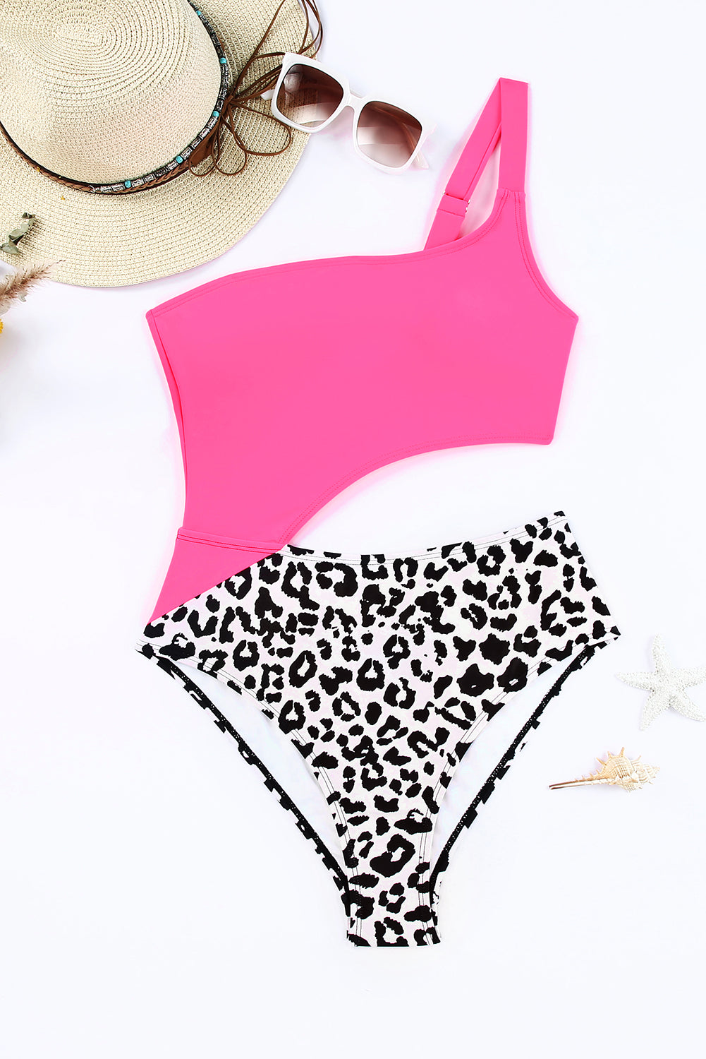 Leopard Patchwork Asymmetric Cutout One Piece Swimsuit