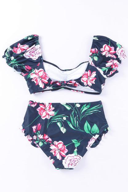 Orchid Printed Bubble Sleeve Bikini 2pcs Swimsuit