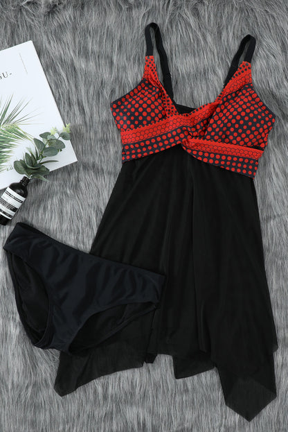 Retro Polka Dot Print Handkerchief Hem Tankini Set