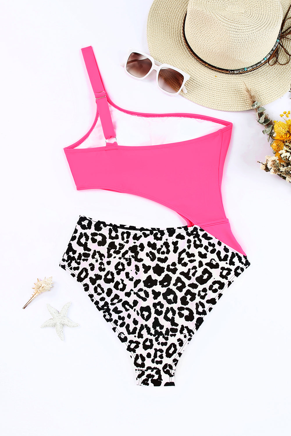 Leopard Patchwork Asymmetric Cutout One Piece Swimsuit