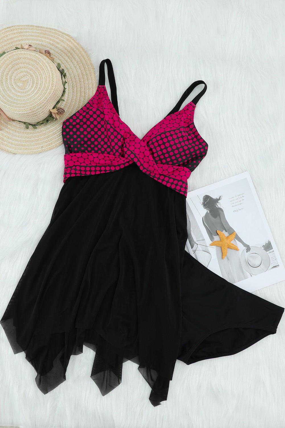 Retro Polka Dot Print Handkerchief Hem Tankini Set