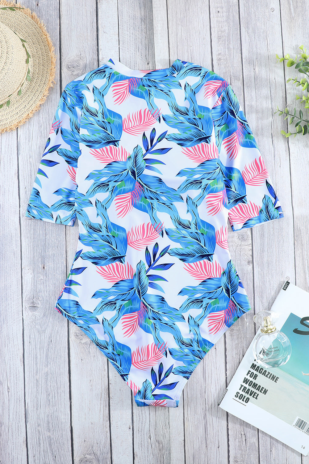 Blue Leaves Zip Front Half Sleeve One Piece Swimsuit