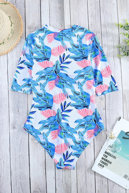 Blue Leaves Zip Front Half Sleeve One Piece Swimsuit