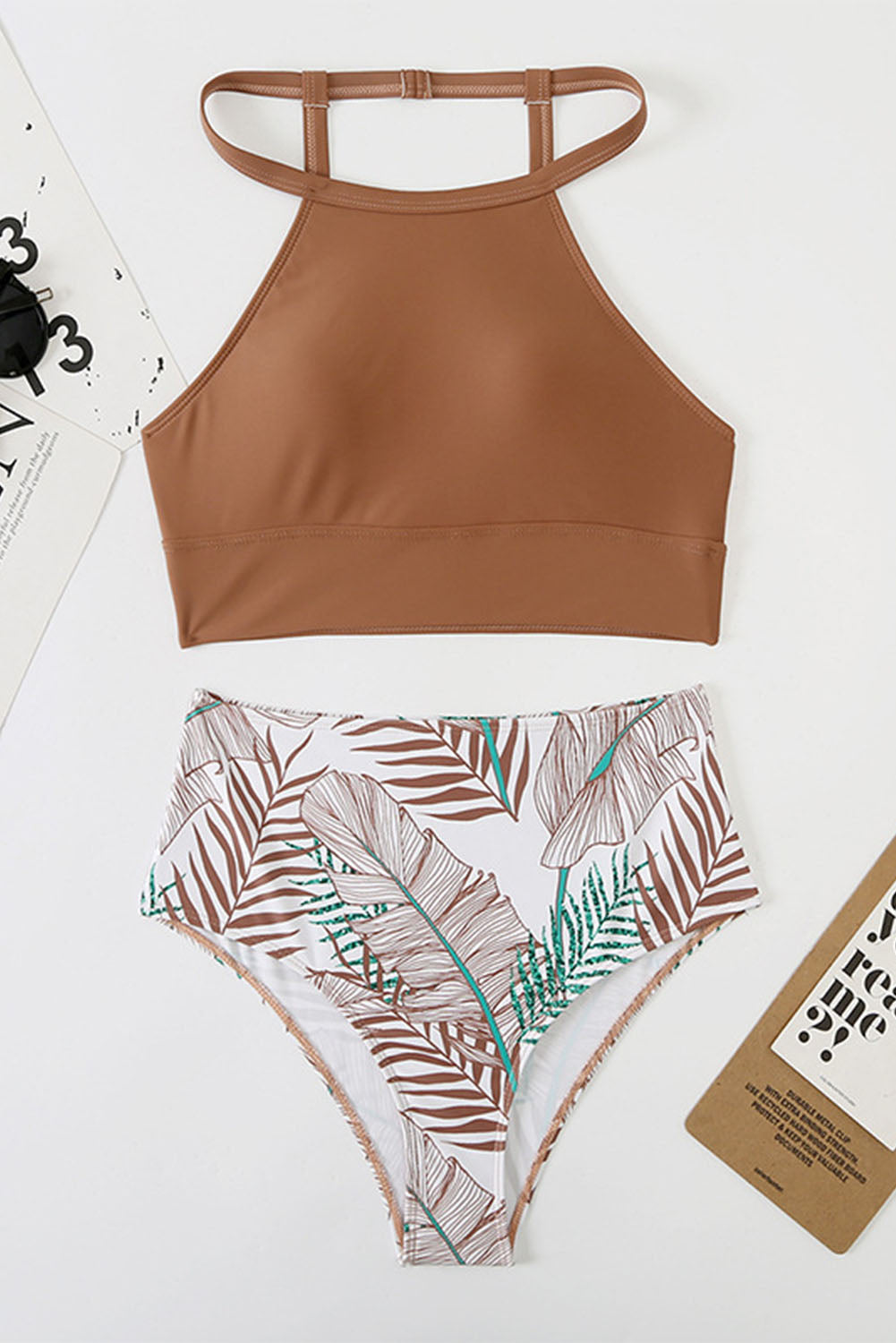 Solid Strappy Halter Bikini Printed High Waist Swimsuit