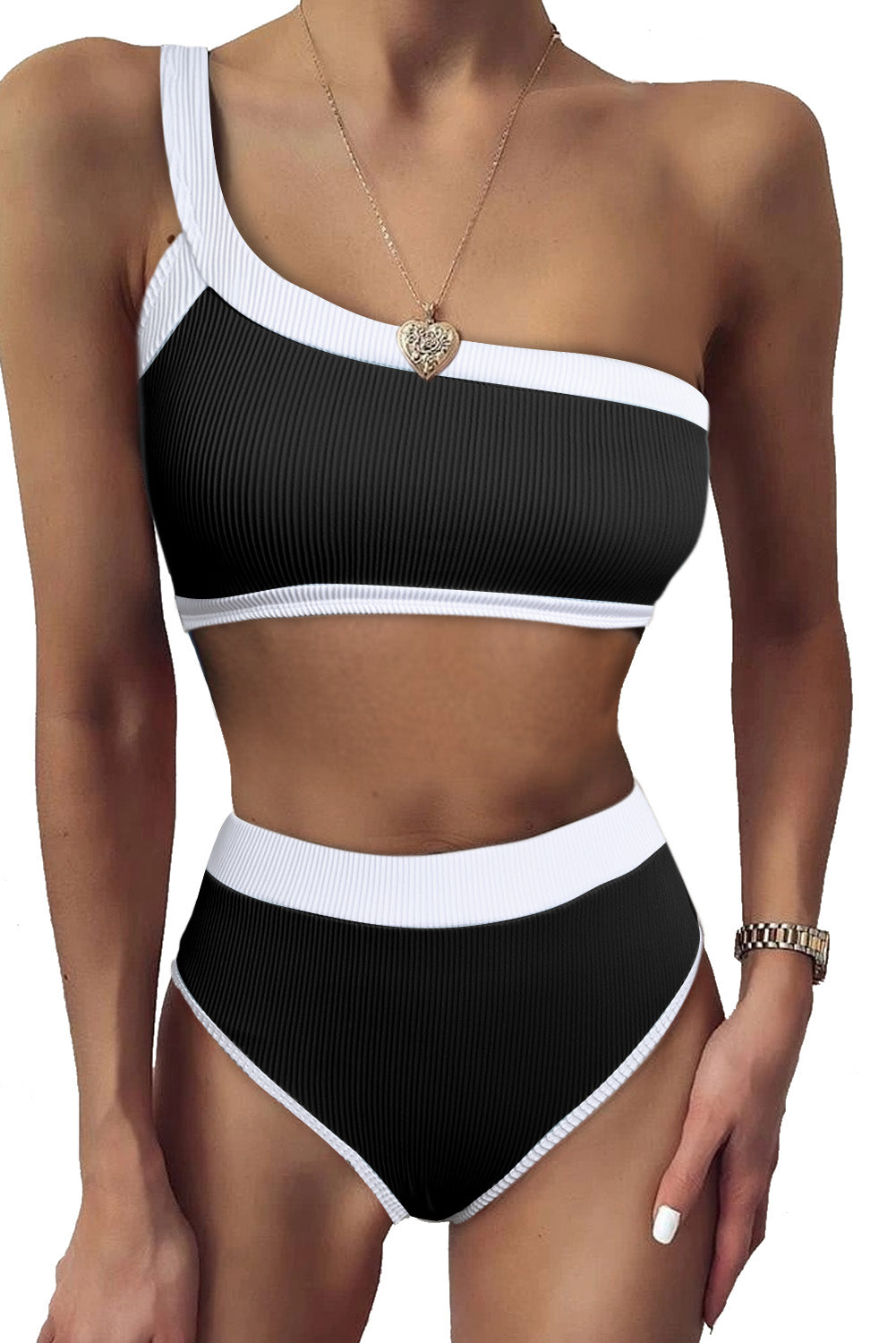 One Shoulder Patchwork High-waisted Bikini Set