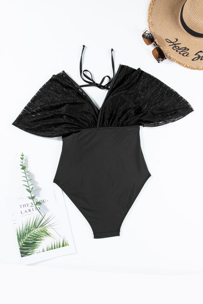 Black Lace Patchwork Short Sleeve Surplice Neck Monokini