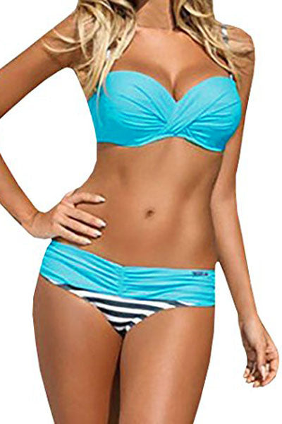 Striped Blue Padded Gather Push-up Bikini Set