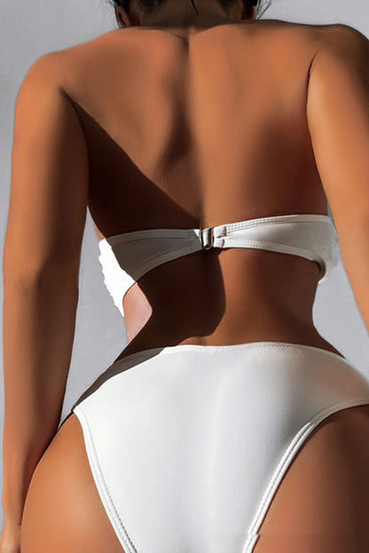 White 3D Floral Bandeau High Waist Bikini