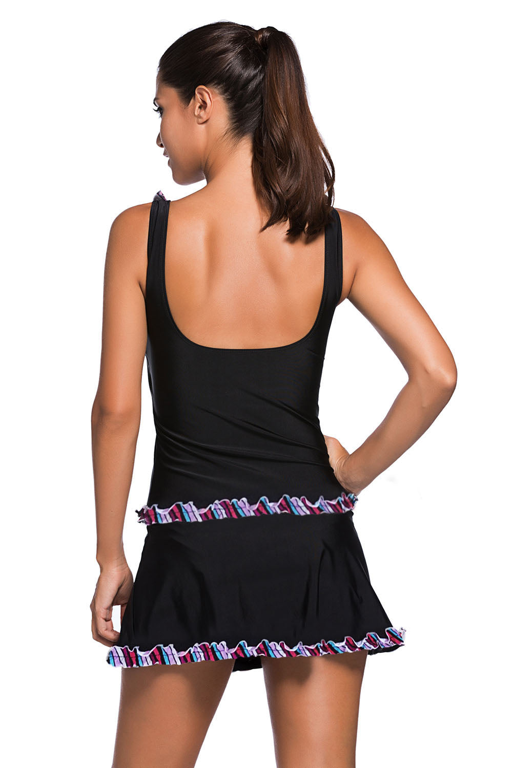 Ruffle Trim Black Active Tank Top and Skort Swimsuit