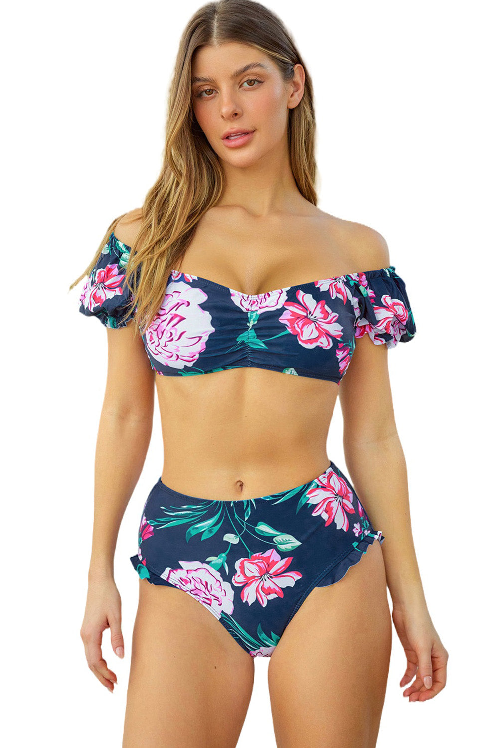 Orchid Printed Bubble Sleeve Bikini 2pcs Swimsuit