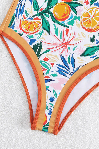 Orange Fruit Plant Print Tied Straps V Neck One Piece Swimsuit