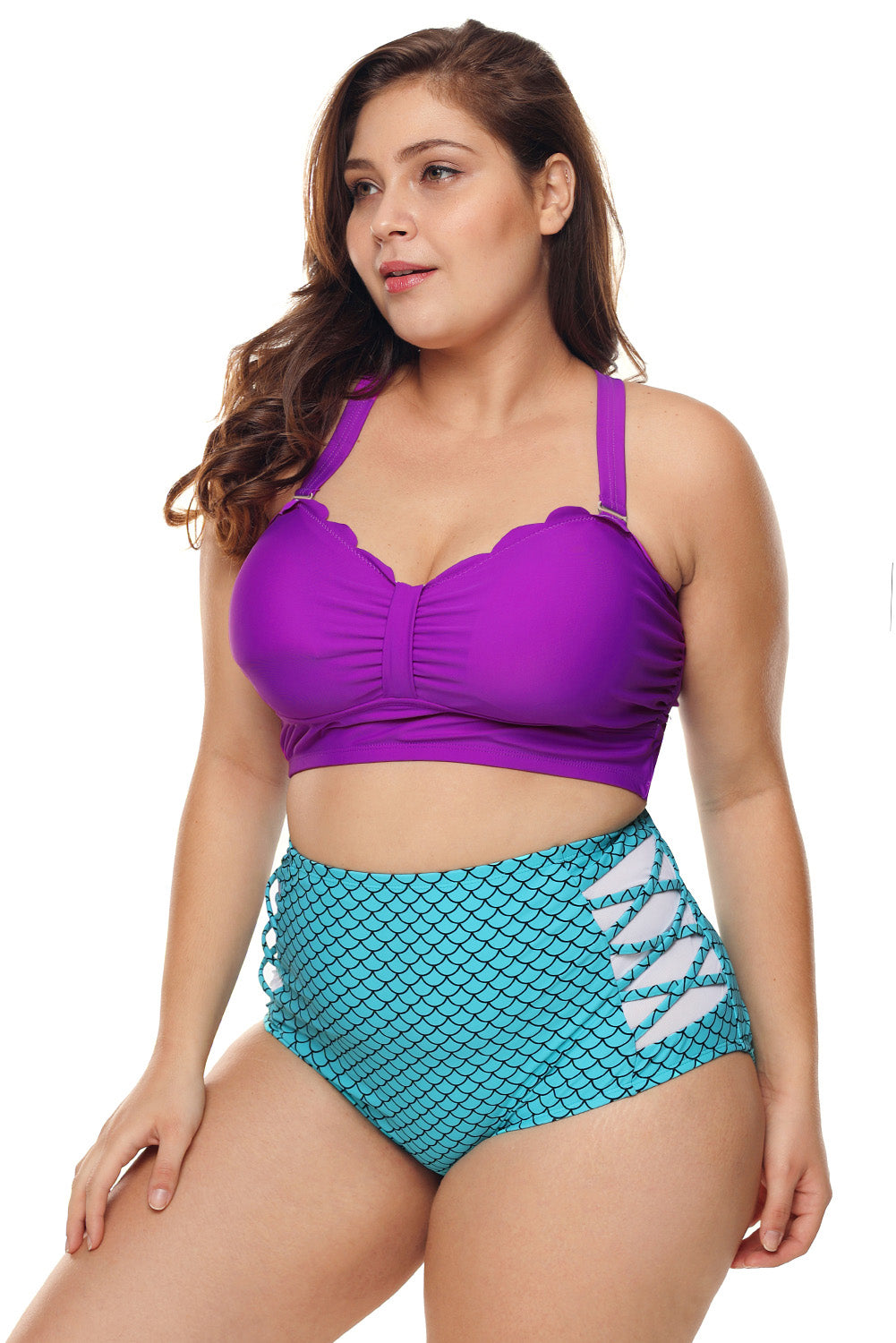 & Blue Scalloped Detail High Waist Swimsuit