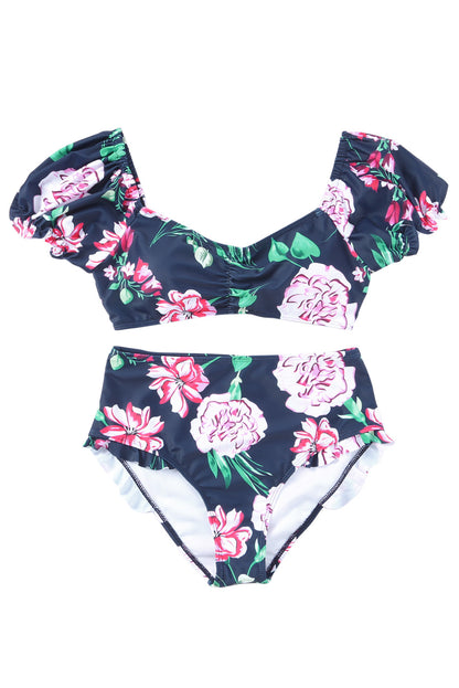 Orchid Printed Bubble Sleeve Bikini 2pcs Swimsuit