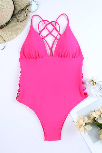 Criss Cross Backless Deep V Neck One Piece Swimsuit