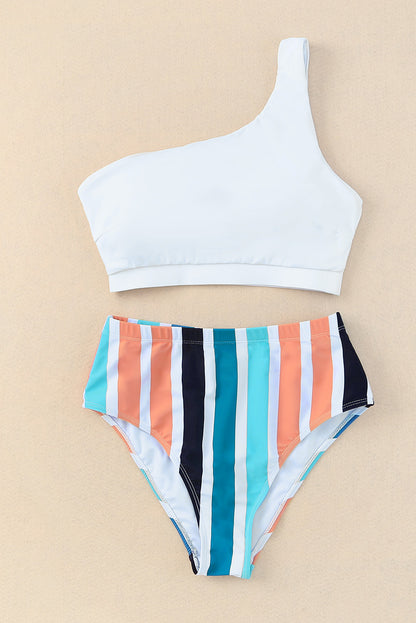 One Shoulder Striped High Waist Two Pieces Swimsuit