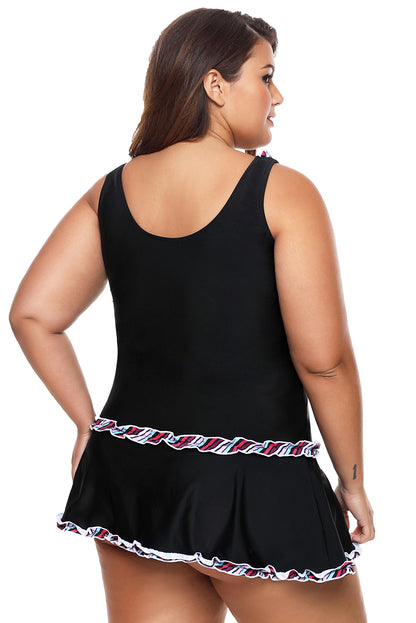 Plus Size Ruffle Trim Black Active Tank Top and Skort Swimsuit