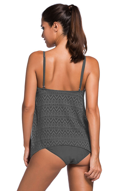 Grey Lace Overlay Spaghetti Straps Tankini Swimsuit