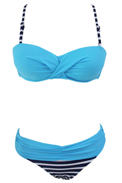 Striped Blue Padded Gather Push-up Bikini Set