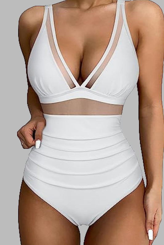 White Mesh Insert V Neck High Waist Monokini