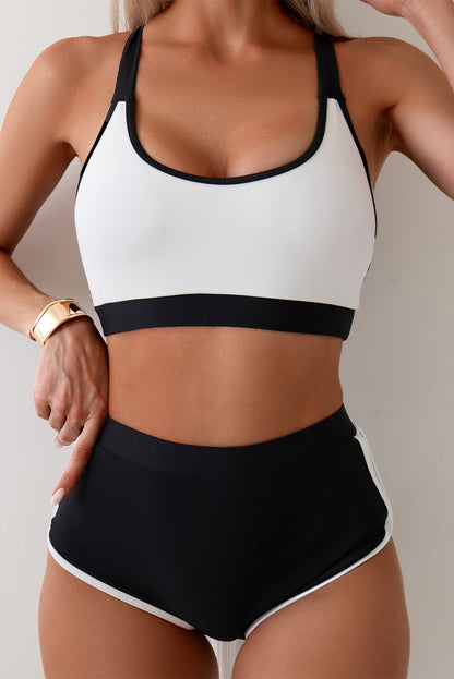 White Colorblock Crisscross Back High Waist Sporty Bikini