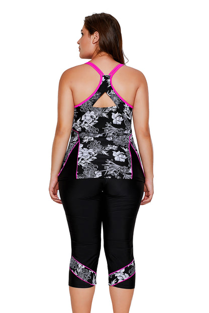 Carved Flowery Print Black Tankini and Capris Set