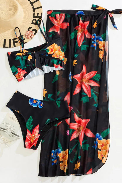 Black 3pcs Floral Twist Front Bikini with Cover-up Swimsuit