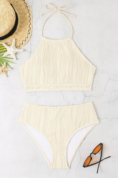 Beige Textured O Ring Connected Halter Backless Bikinis