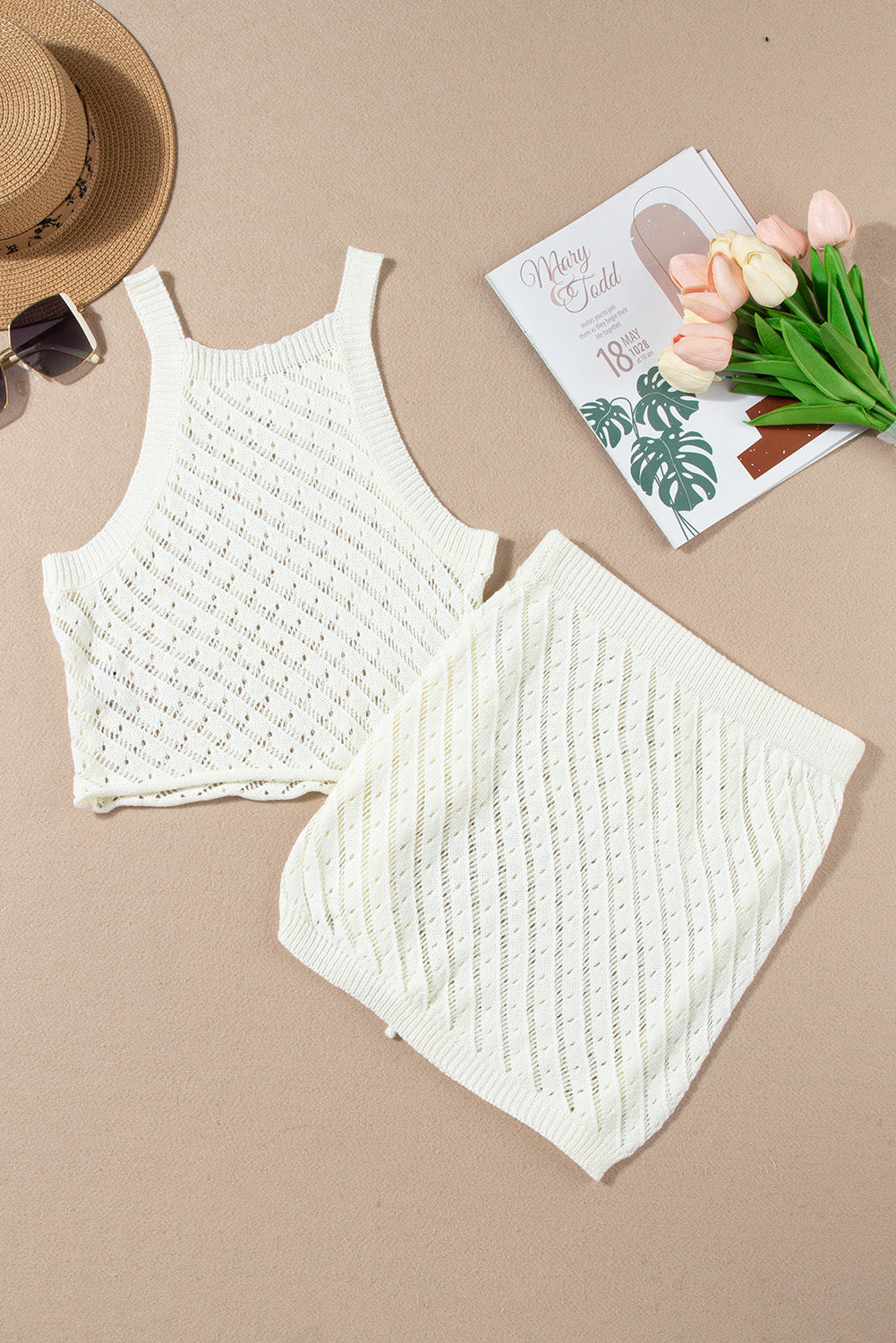 White Hollowed Crochet Cropped 2 Piece Beach Dress