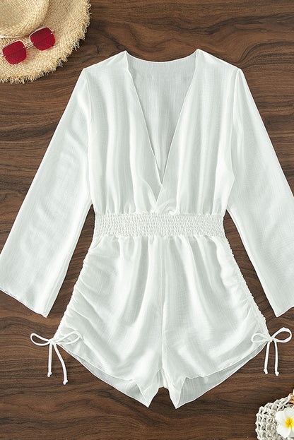 White Surplice Neck Smock Waist Drawstring Romper Cover Up