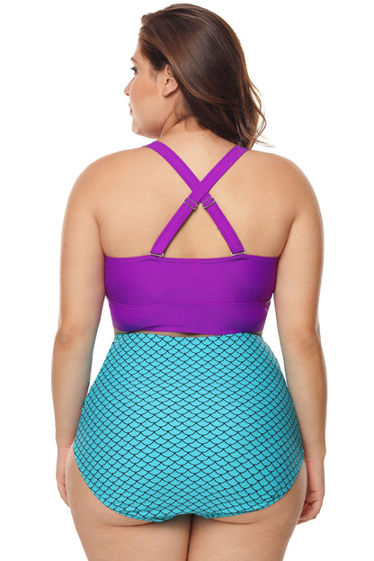 & Blue Scalloped Detail High Waist Swimsuit