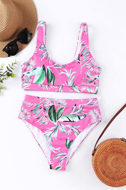 Scoop Neck Tropical Ribbed High Waist Bikini