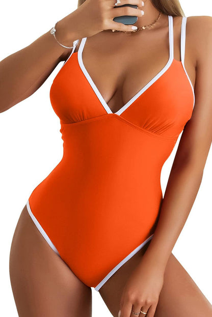 Orange Color Block Criss Cross V Neck One Piece Swimsuit