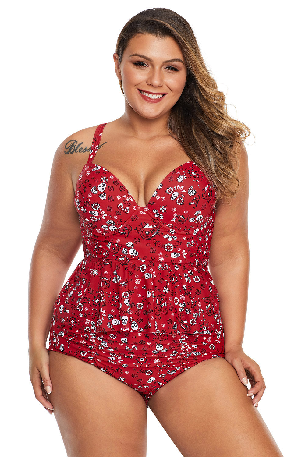 Print Moulded Cups Peplum Plus Size Bikini