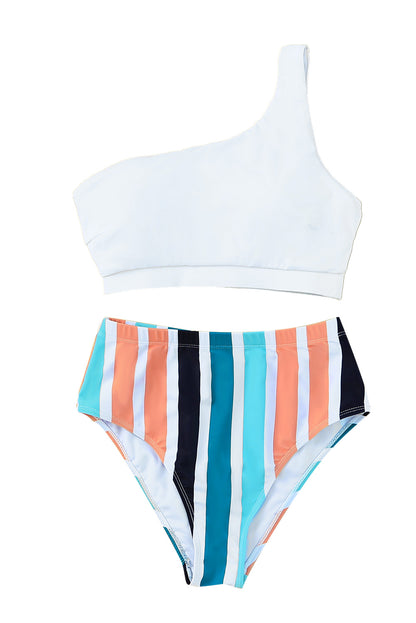 One Shoulder Striped High Waist Two Pieces Swimsuit