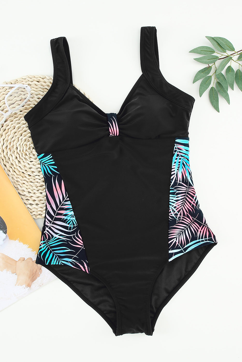 Leaves Splicing Ruched Front Open Back One-piece Swimsuit