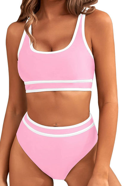 Pink Contrast Trimmed U Neck High Waist Bikini