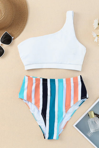 One Shoulder Striped High Waist Two Pieces Swimsuit