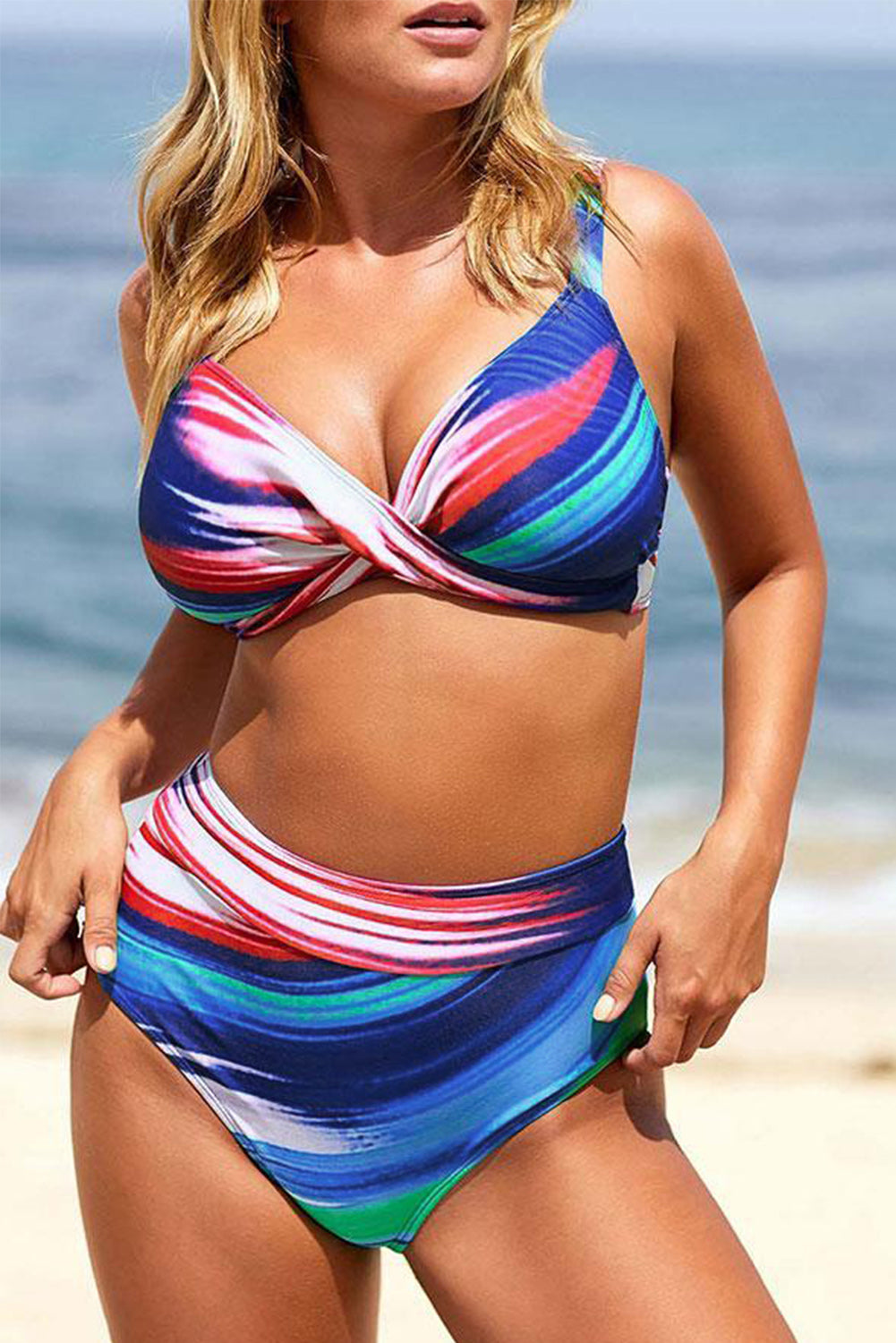 Multicolor Abstract Print Twist High Waist Bikini Swimsuit