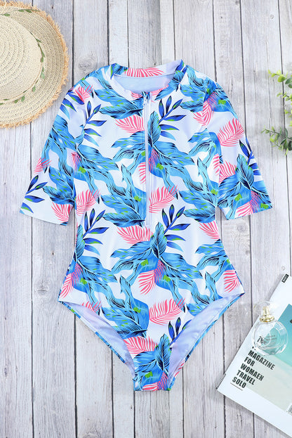 Blue Leaves Zip Front Half Sleeve One Piece Swimsuit