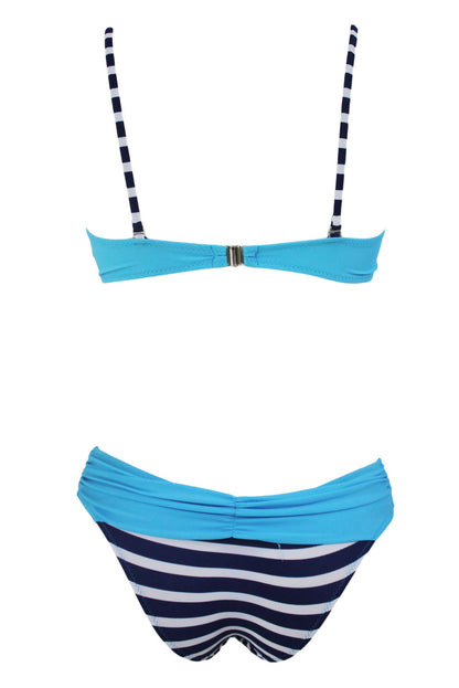 Striped Blue Padded Gather Push-up Bikini Set