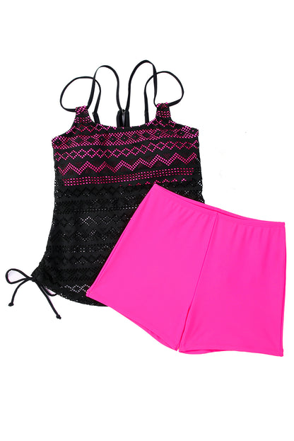 Color Block Lace Drawstring Tie Tankini Set