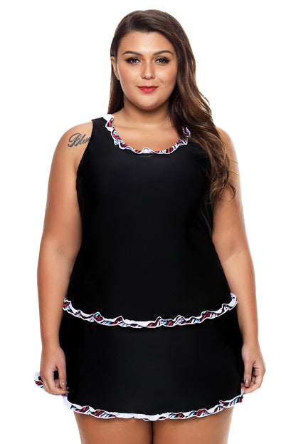 Plus Size Ruffle Trim Black Active Tank Top and Skort Swimsuit