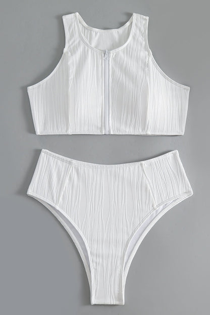 White Textured Zip up Racerback Swim Top High Waisted Bikini