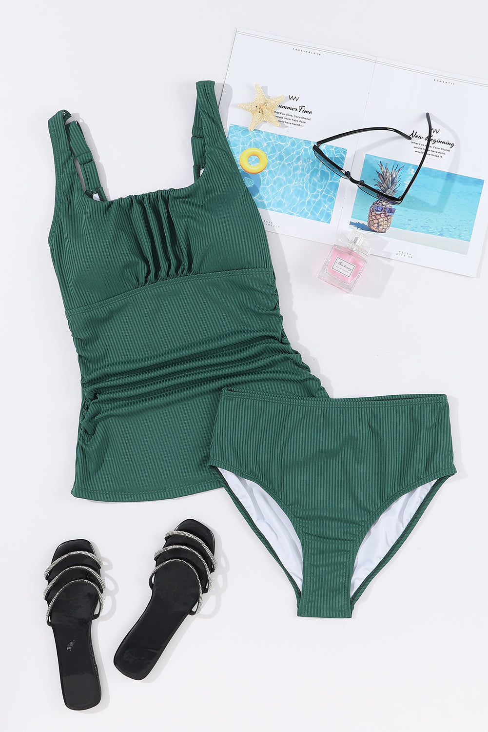 Blackish Green Ruched U Neck Ribbed Tankini