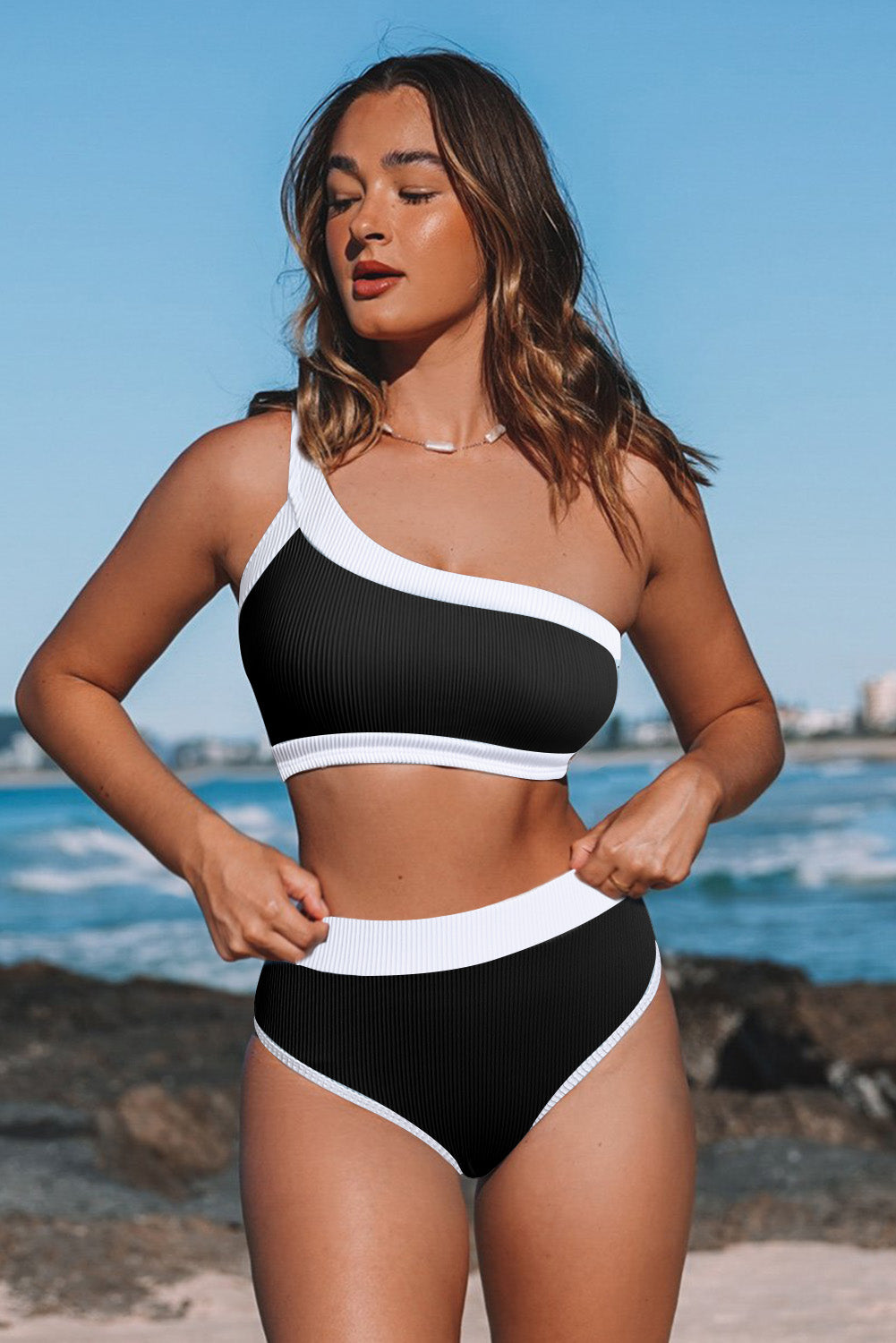 One Shoulder Patchwork High-waisted Bikini Set