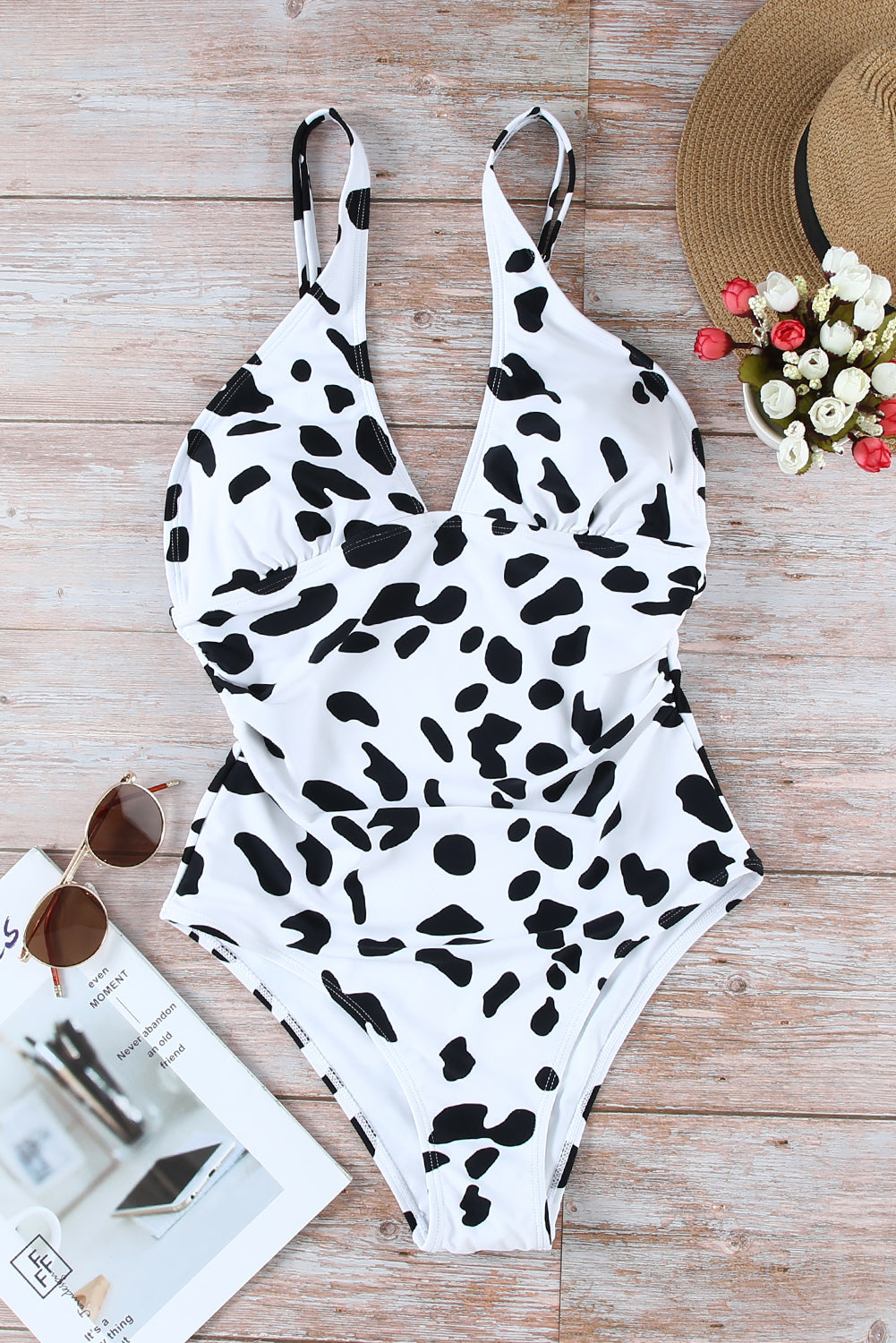 Cross Front Leopard Print Ruched One Piece Swimsuit