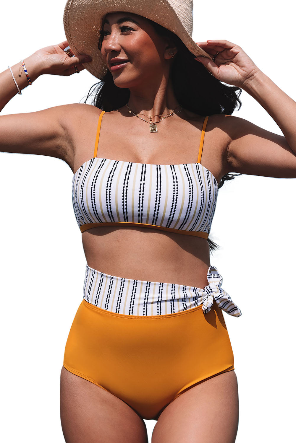 2pcs Contrast Striped Tie High Waist Bikini Swimsuit