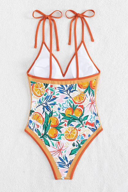 Orange Fruit Plant Print Tied Straps V Neck One Piece Swimsuit