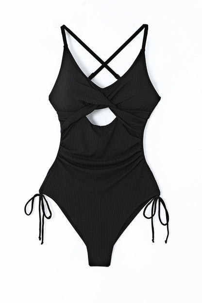 Black Ribbed Sexy Cutout Ruched Monokini